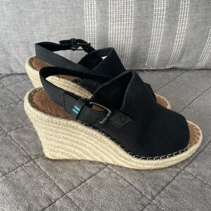 Toms Monica Black Oxford Espadrille Wedge Sandals 7.5 Like New